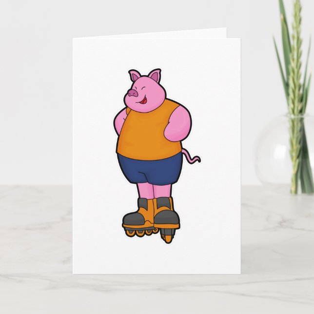 Carte Cochon en patinage avec patins en ligne (Devant)