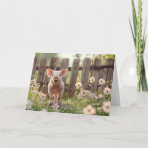 Carte Cochon mignon dans le jardin fleuri