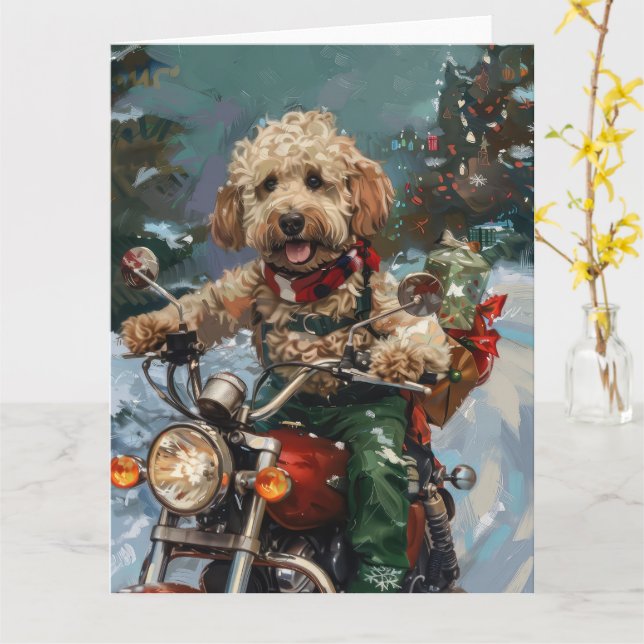 Carte Cockapoo Chien chevauchant la moto Noël (Fleur jaune)