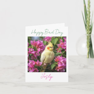 Carte Cockatiel lutino dans Fleurs Violettes Anniversair