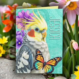 Carte Cockatiel Whimsical Vibrant Spring Flower Collant
