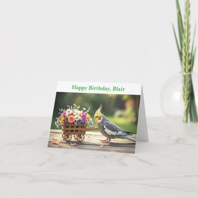 Carte Cockatiel with Flowers Custom name & text birthday (Devant)