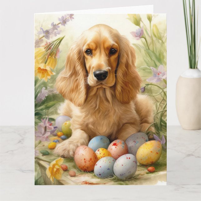 Carte Cocker Spaniel avec Oeufs de Pâques Fêtes (Devant)