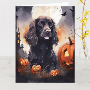 Carte Cocker Spaniel Halloween avec citrouilles 