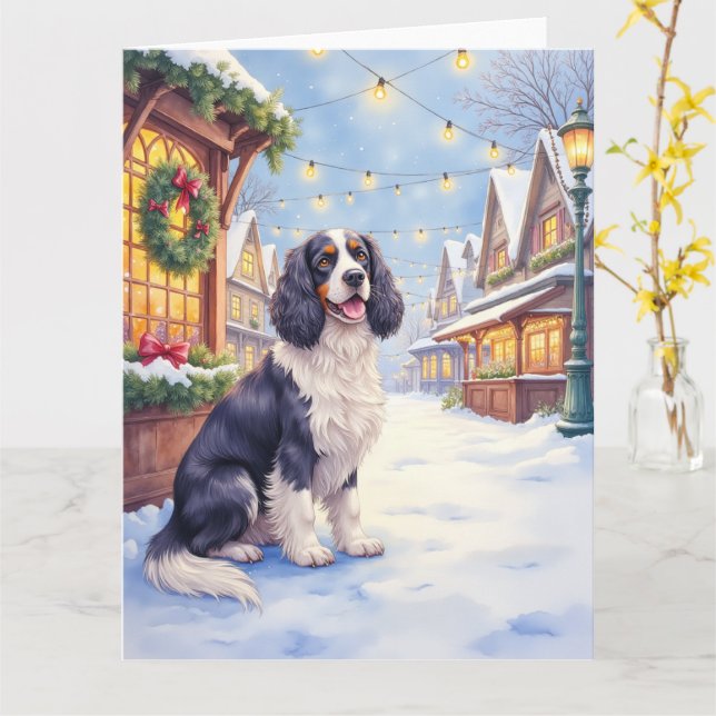 Carte Cocker Spaniel Snowy Village Christmas Art (Fleur jaune)