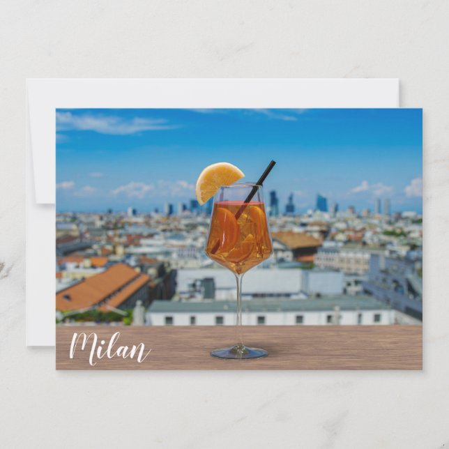 Carte Cocktail Spritz sur une table avec vue sur Milan (Devant)