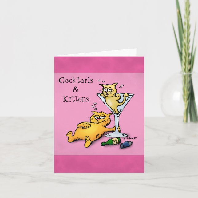 Carte Cocktails et chatons Blank Inside Pink Note Card (Devant)