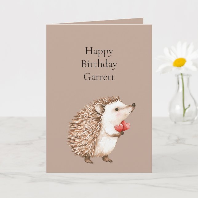 Carte Cocoa Brown Cream Red Hearts Hedgehog Birthday (Petite plante)