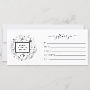 Carte Code QR noir et blanc Certificat cadeau botanique
