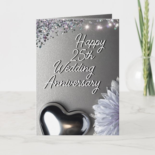 Carte Coeur argenté élégant 25e anniversaire du Mariage (Devant)