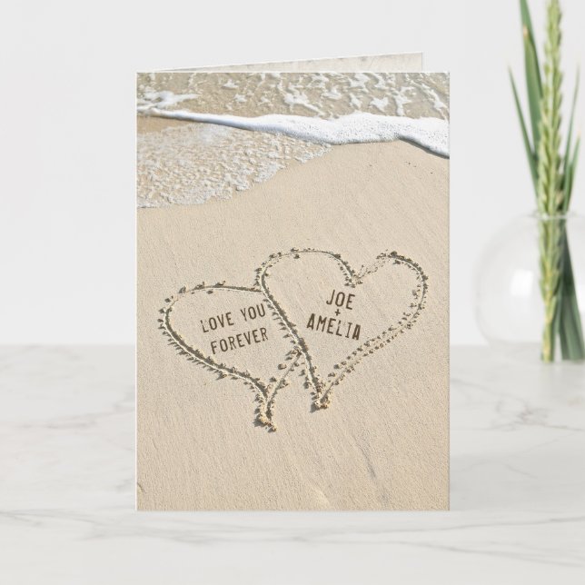 Carte coeur de plage anniversaire dans le sable avec car (Devant)