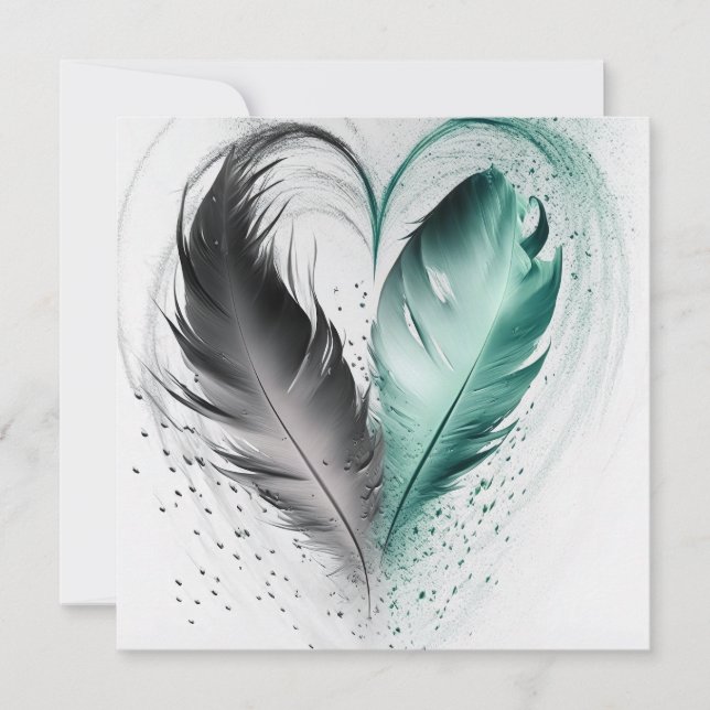 Carte Coeur de plumes - Turquoise (Devant)