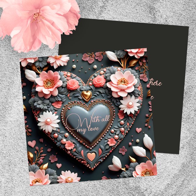 Carte Cœur Élégant avec Fleurs Accents Dorés et Perles (Créateur téléchargé)