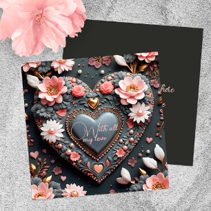 Carte Cœur Élégant avec Fleurs Accents Dorés & Perles