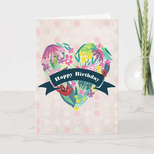 Carte Coeur floral mignon en rose et vert Anniversaire (Devant)