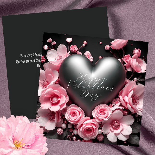 Carte Coeur métallique élégant et fleurs roses Valentine (Créateur téléchargé)
