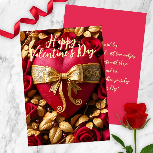 Carte Coeur rouge avec Ruban d'or et Saint-Valentin Rose (Créateur téléchargé)