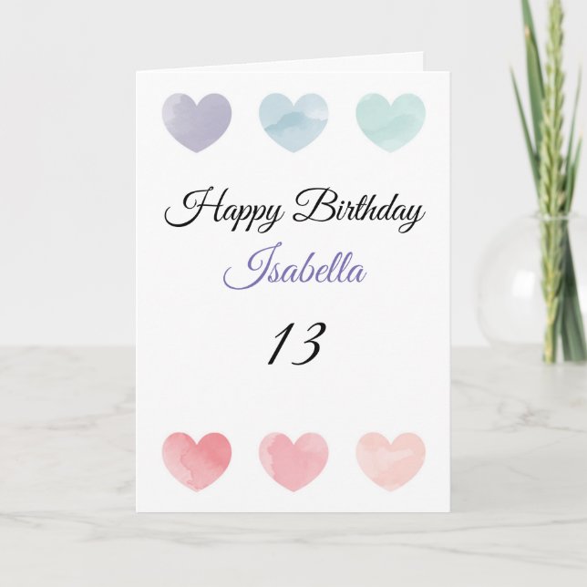 Carte Coeurs d'aquarelle couleur mignonne 13ème annivers (Devant)