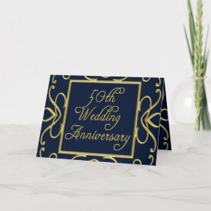 Carte Coeurs d'or sur le bleu 50e anniversaire de Mariag
