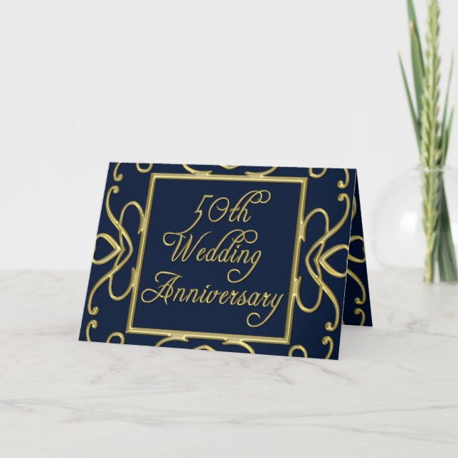 Carte Coeurs d'or sur le bleu 50e anniversaire de Mariag (Devant)