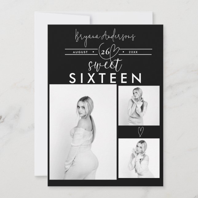 Carte Coeurs modernes Black & White Photo Sweet 16 Party (Devant)