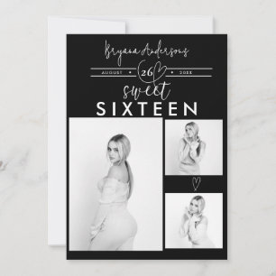 Carte Coeurs modernes Black & White Photo Sweet 16 Party