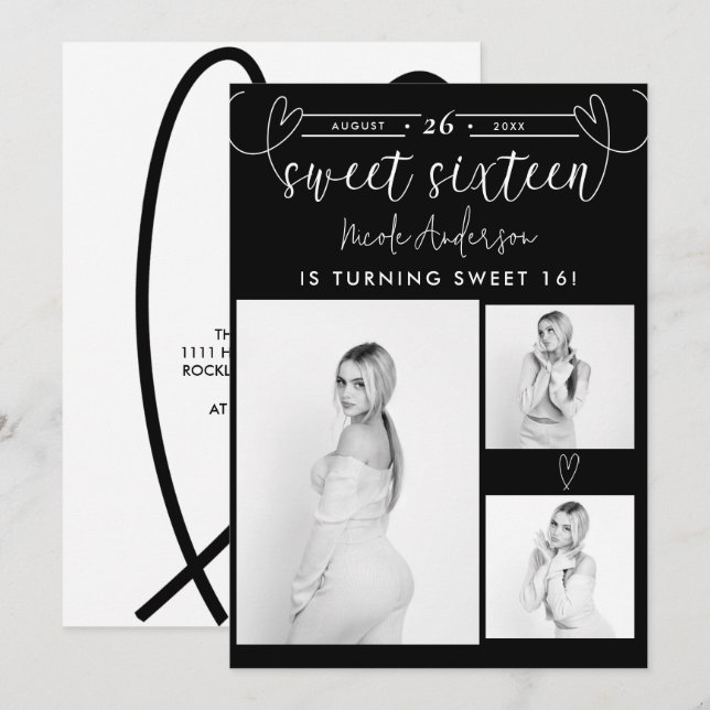 Carte Coeurs modernes Black & White Photo Sweet 16 Party (Devant / Derrière)