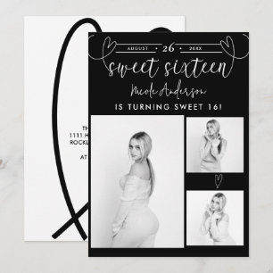 Carte Coeurs modernes Black & White Photo Sweet 16 Party