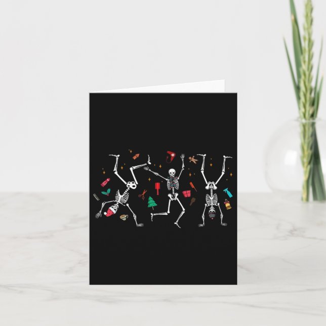 Carte Coiffeur de Noël squelette danse coiffeuse (Devant)