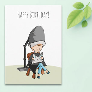 Carte Coiffeuse fille dans sèche-cheveux Joyeux annivers
