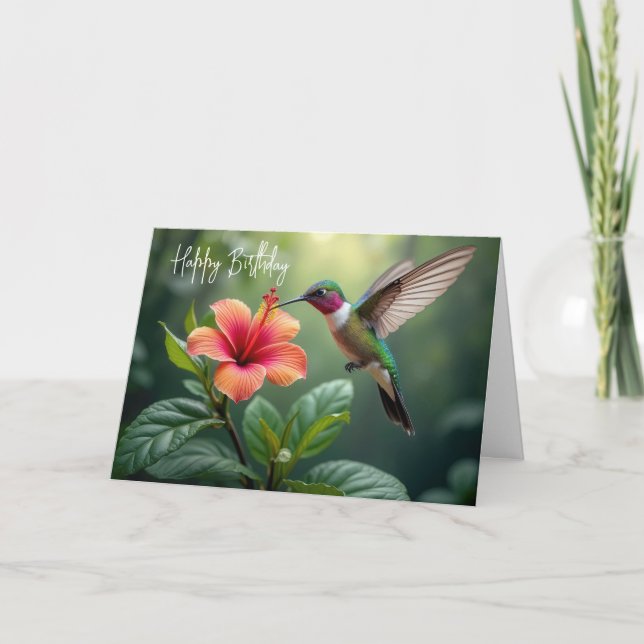 Carte Colibri d'anniversaire sur un Hibiscus (Devant)