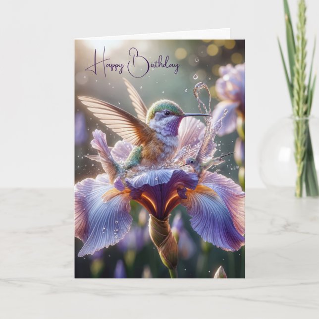 Carte Colibri éclaboussant dans un iris pourpre (Devant)