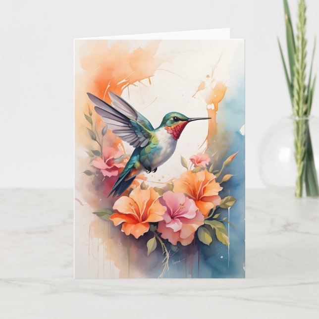 Carte Colibri entouré de fleurs colorées vierges (Devant)