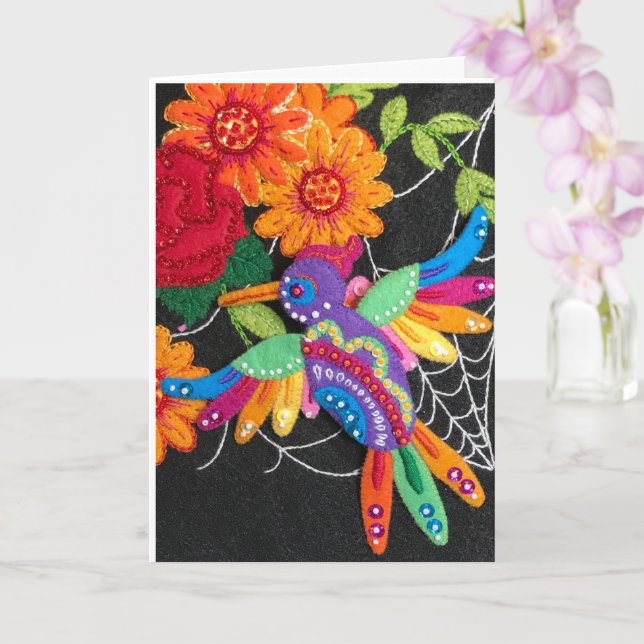 Carte Colibri Tissu Felt Paillettes Perles Brodé Joli  (Orchidée)