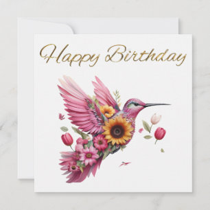 Carte Colibri volant avec des fleurs Joyeux Anniversaire