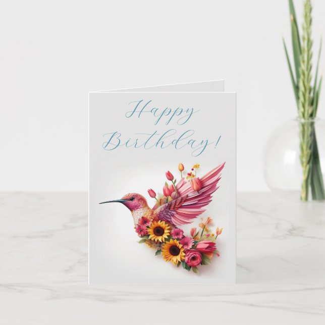 Carte Colibri volant avec des fleurs Joyeux Anniversaire (Devant)