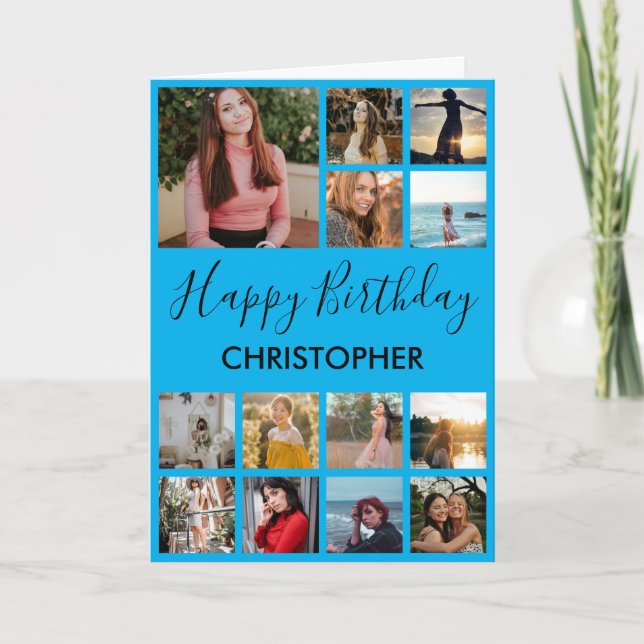 Carte Collage Anniversaire 13 Photos Bleu (Devant)