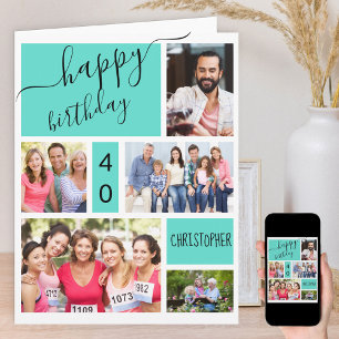 Carte Collage de 5 photos turquoise Anniversaire personn