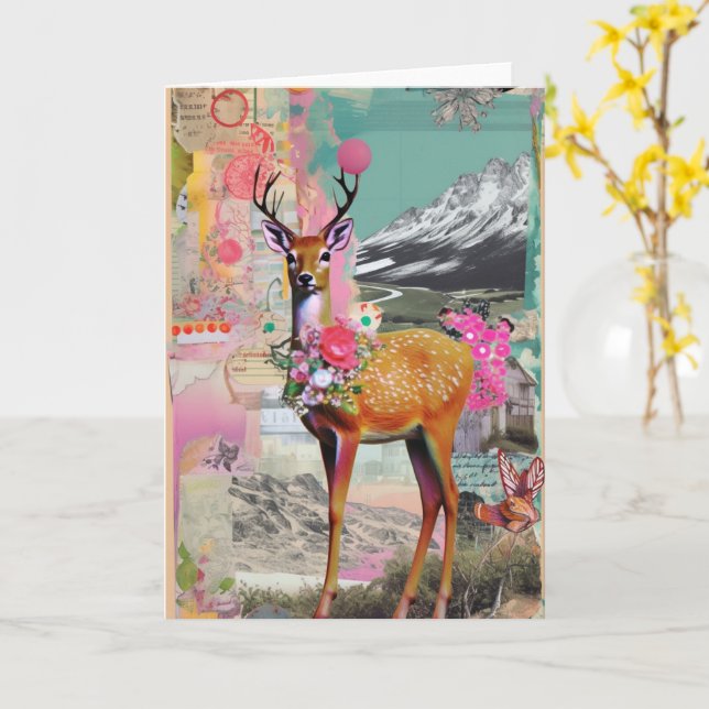 Carte Collage de cerfs de médias mixtes toutes les occas (Fleur jaune)