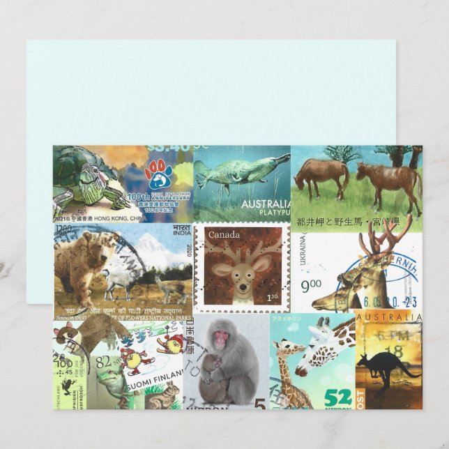 Carte Collage international du timbre de poste animal (Devant / Derrière)