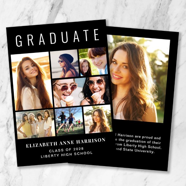 Carte Collage photo moderne Graduation noire (Cherish the milestone: share your graduate's achievement with a custom photo graduation announcement)