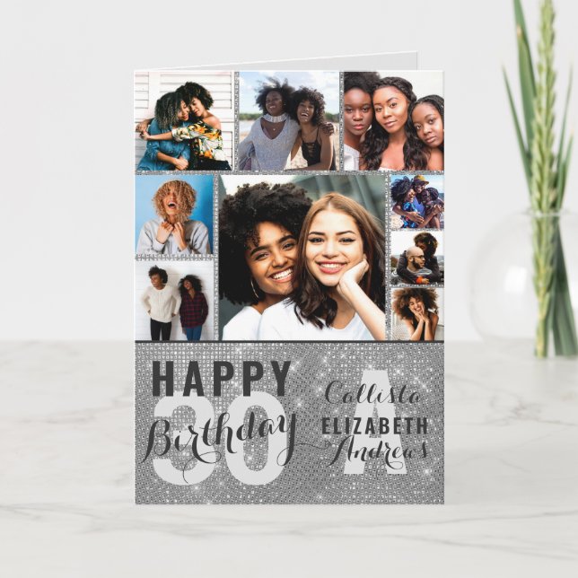 Carte Collage photo Silver Sequin Joyeux Birthday Card (Devant)