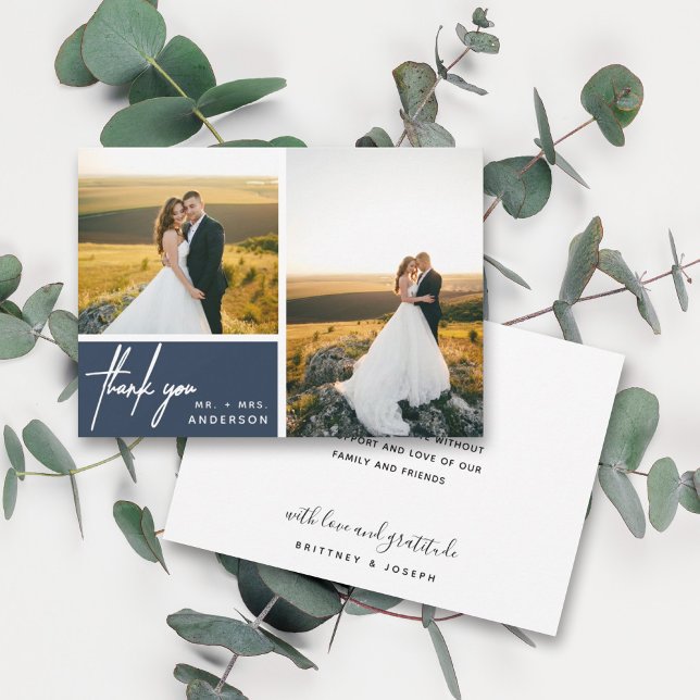 Carte Collection photo bleu marine moderne de Dusty Merc (Two photo hand lettered thank you wedding card with a minimalistic design perfect for any couple.)