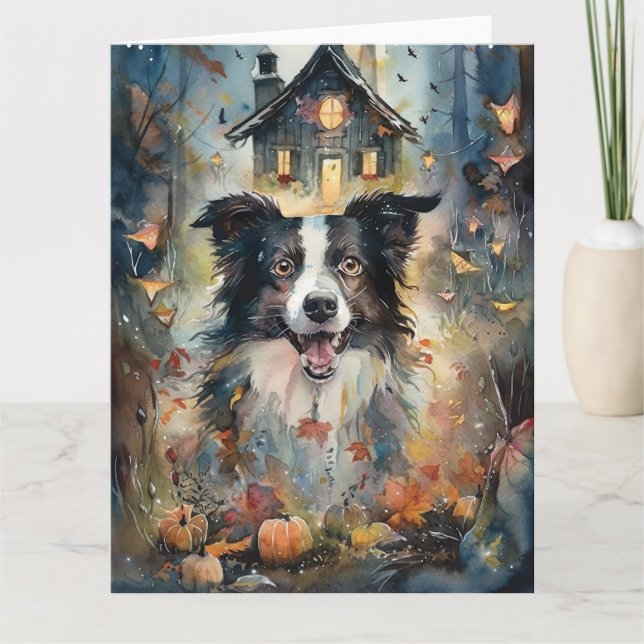 Carte Collie frontalier d'Halloween avec effroi Citrouil (Devant)