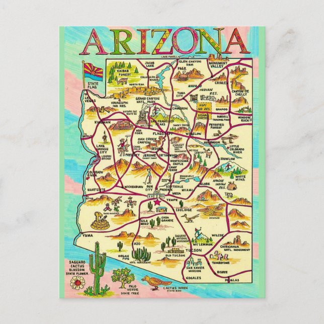 Carte colorée illustrée Arizona (Devant)