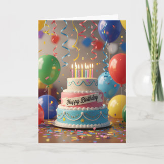 Carte Colorful Celebration Cake & Balloons Birthday Card