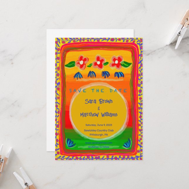Carte Colorful Mexican Inspiré Enregistrer l'invitation  (Devant/Arrière en situation)