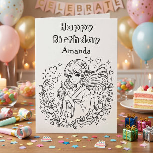 Carte Colorie Moi Anime Fille et Gâteau d'Anniversaire
