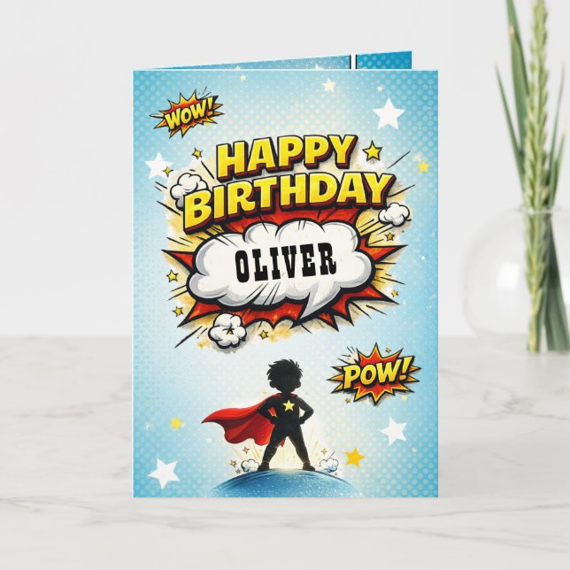 Carte Comic Style Superhero Boy's Name Birthday (Devant)
