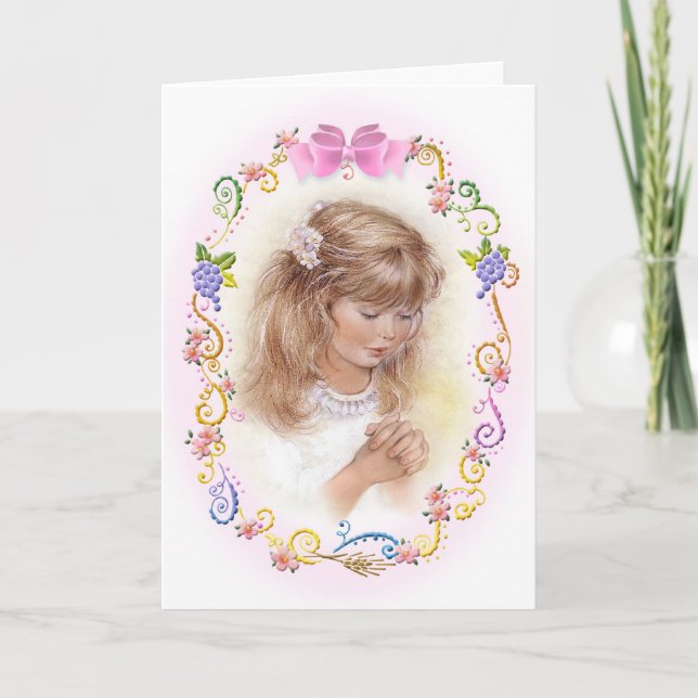 Carte Communion, fille de confirmation avec fleurs (Devant)